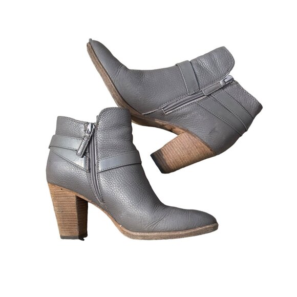 Women's Gray Leather Ankle Boots With Buckle & Zipper Closure Stacked Heel - Picture 1 of 8